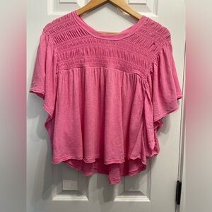 Free People Smocked Flutter Sleeve Top Pink Size Small? Cotton Linen READ